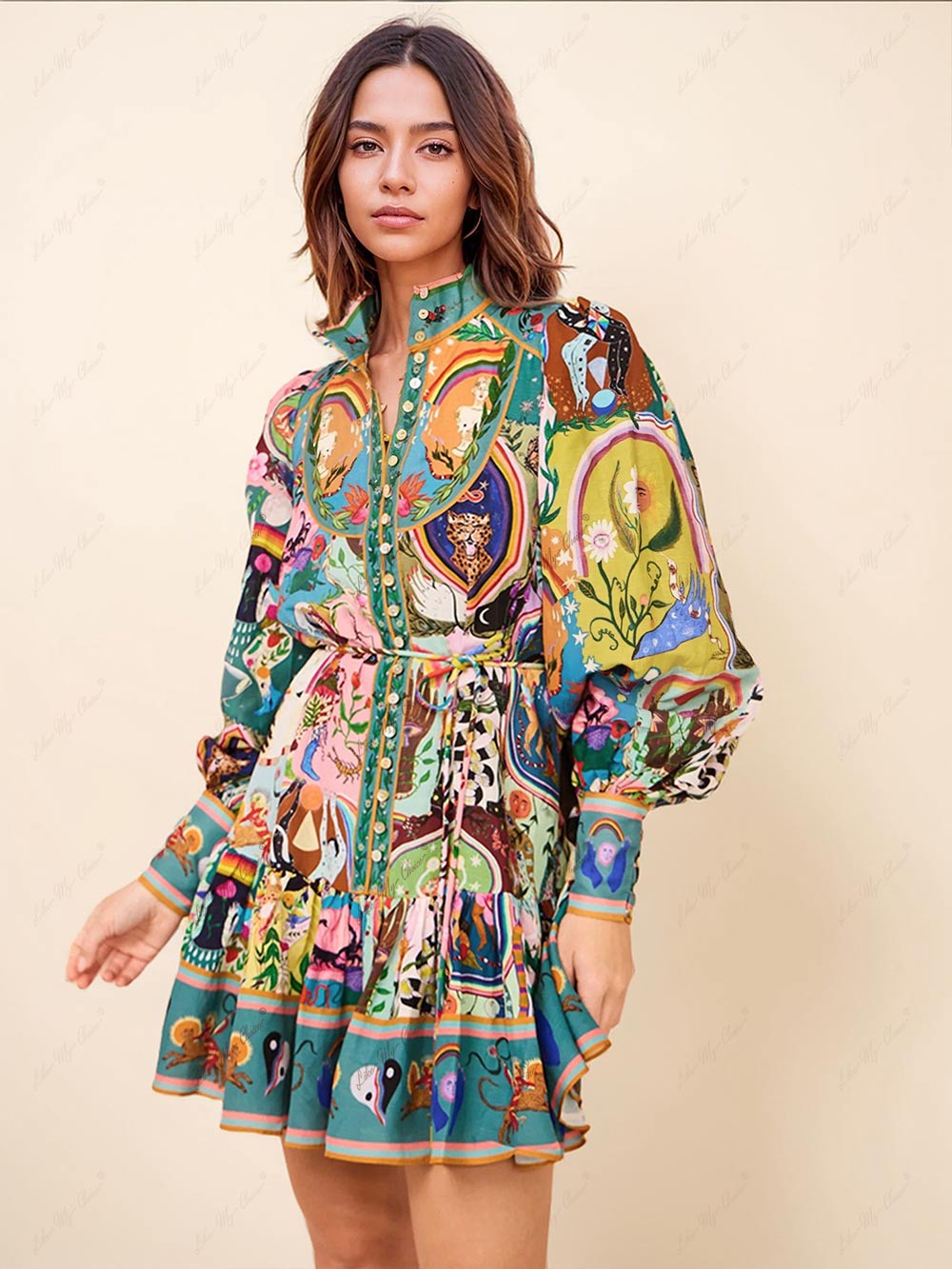 Effortless Multicolor Novelty Print Mini Dress for Women with Collar Balloon Sleeve Tie Waist Tiered Ruffle Bohemian Style
