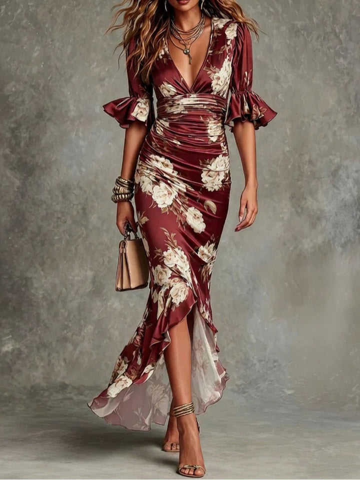 Effortless Floral Maxi Dress for Women with V Neck Flutter Sleeve Ruched High Slit Ruffle Hem