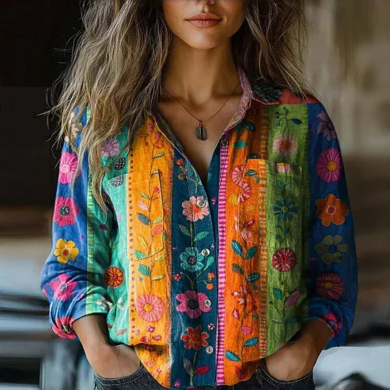 Effortless Boho Print Linen Blouse for Women with Collar Long Sleeve Button Front Relaxed Style
