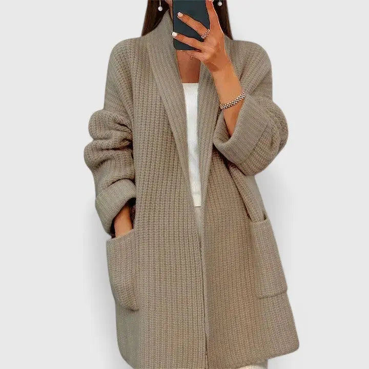 Comfortable Waffle Knit Cardigan for Women with Notched Collar Long Sleeve Oversized Longline Style