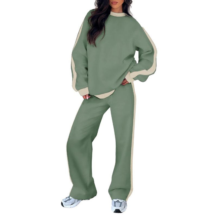 Comfortable Colorblock Wide Leg Set for Women with Crewneck Long Sleeve Contrast Stripe Two Piece Style