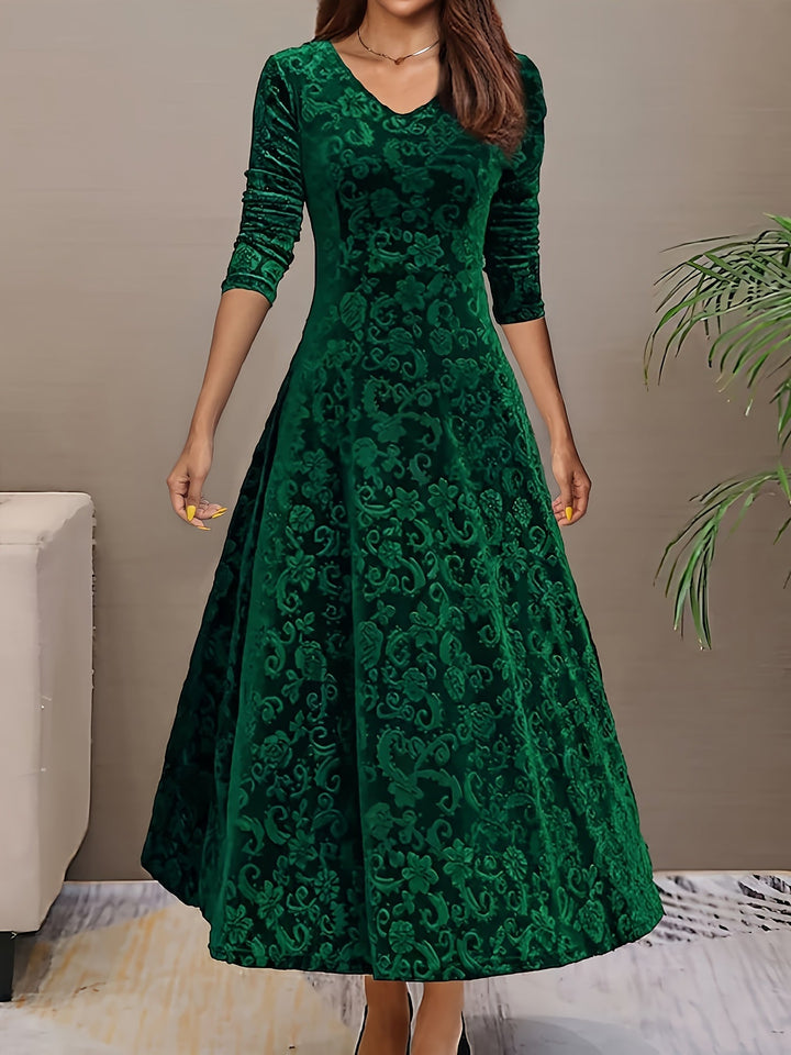 Elegant Velvet Floral Maxi Dress for Women with V Neck Long Sleeve A Line Flowing Formal Style