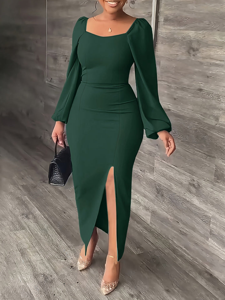 Elegant Bodycon Midi Dress for Women with Square Neck Long Puff Sleeve Side Slit Cocktail Style