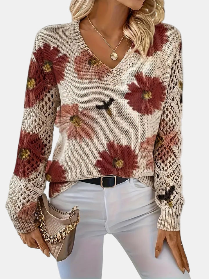 Comfortable Floral Crochet Sweater for Women with V Neck Long Sleeve Oversized Knit Style