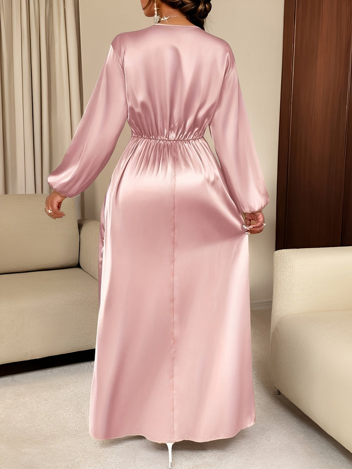 Elegant Satin Wrap Maxi Dress for Women with V Neck Bishop Sleeve Pleated Waist High Slit Flowing Style