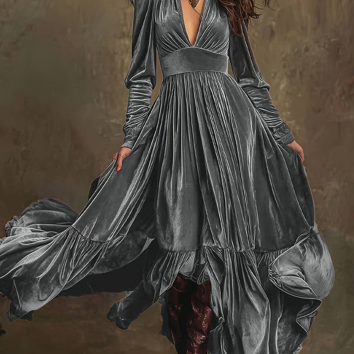 Elegant Velvet Maxi Dress for Women with Plunging V Neck Long Sleeve Tiered Ruffle Flowing Style
