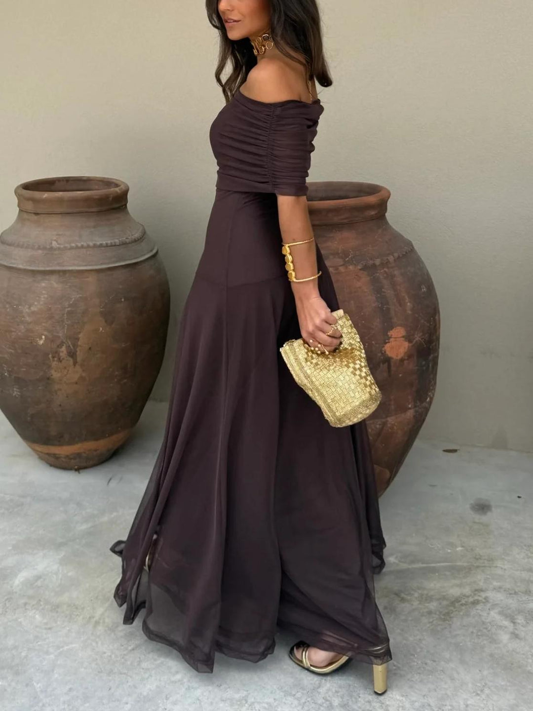 Elegant Mesh Maxi Dress for Women with Off Shoulder Ruched Sleeve Sheer Flowing Style