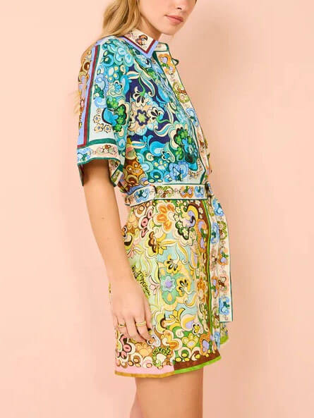 Elegant Multicolor Paisley Print Mini Dress for Women with Collar Short Sleeve Belted Retro Style