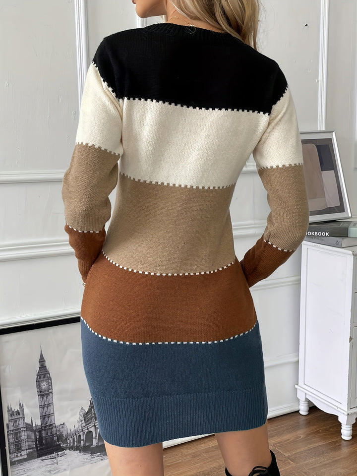 Elegant Colorblock Sweater Dress for Women with Crew Neck Long Sleeve Bodycon Knit Style