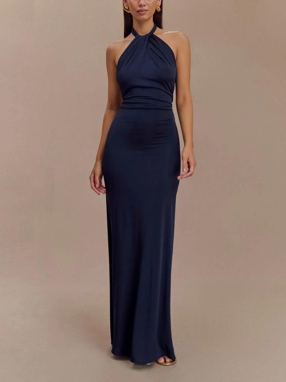 Elegant Navy Halter Maxi Dress for Women with Ruched Sleeveless Column Silhouette Formal Wedding Guest Style