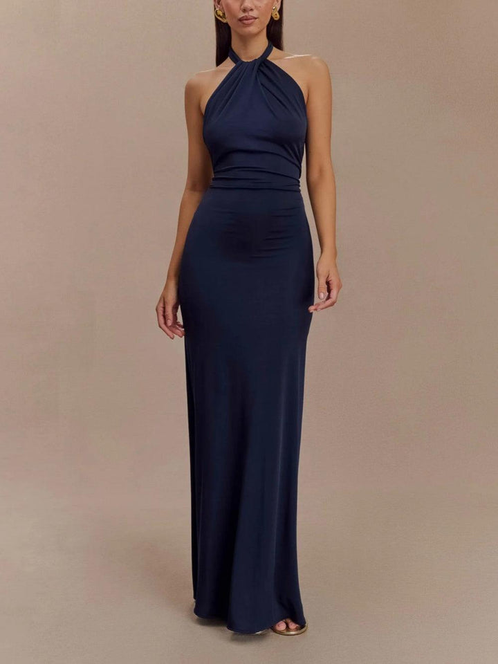 Elegant Navy Halter Maxi Dress for Women with Ruched Sleeveless Column Silhouette Formal Wedding Guest Style