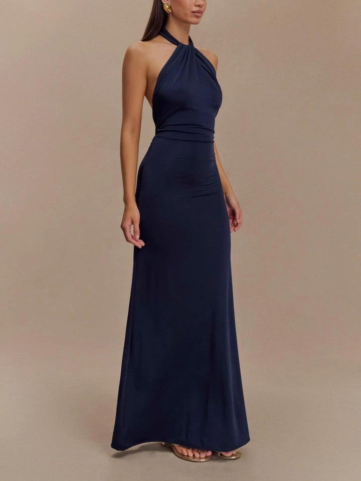 Elegant Navy Halter Maxi Dress for Women with Ruched Sleeveless Column Silhouette Formal Wedding Guest Style
