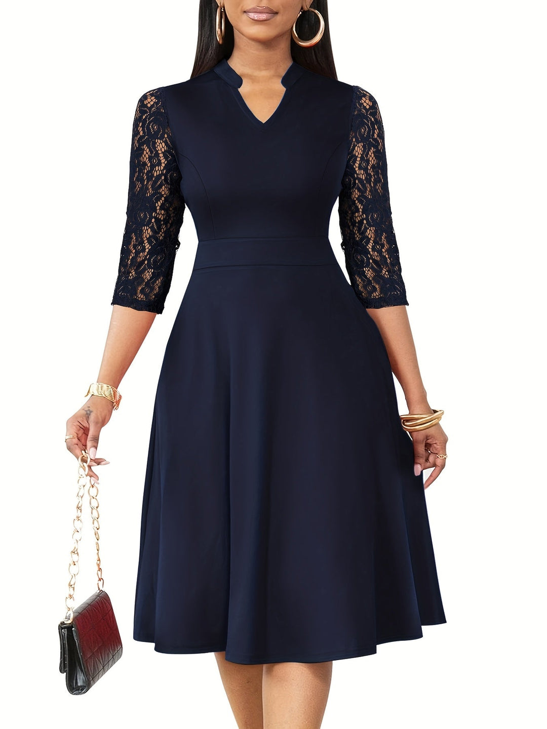 Elegant Lace Midi Dress for Women with Notch Neck Three Quarter Sleeve Fit and Flare Cocktail Style