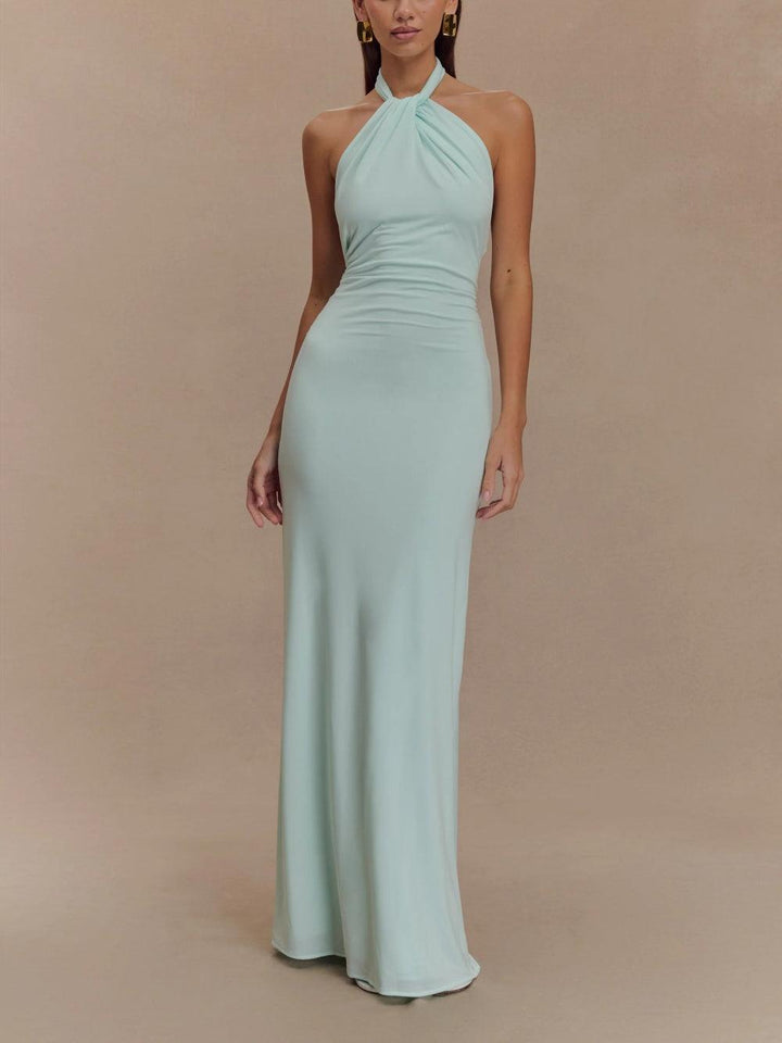 Elegant Halter Maxi Dress for Women with Twist Neck Backless Column Flowing Style