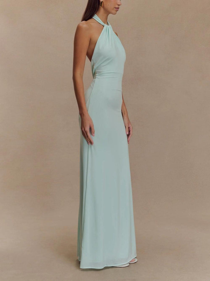 Elegant Halter Maxi Dress for Women with Twist Neck Backless Column Flowing Style
