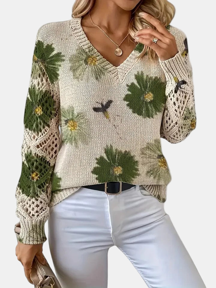 Comfortable Floral Crochet Sweater for Women with V Neck Long Sleeve Oversized Knit Style