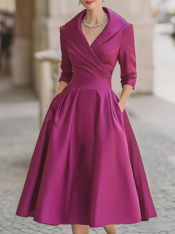 Elegant Satin Midi Dress for Women with Wrap V Neck Elbow Sleeve Pleated A Line Cocktail Style