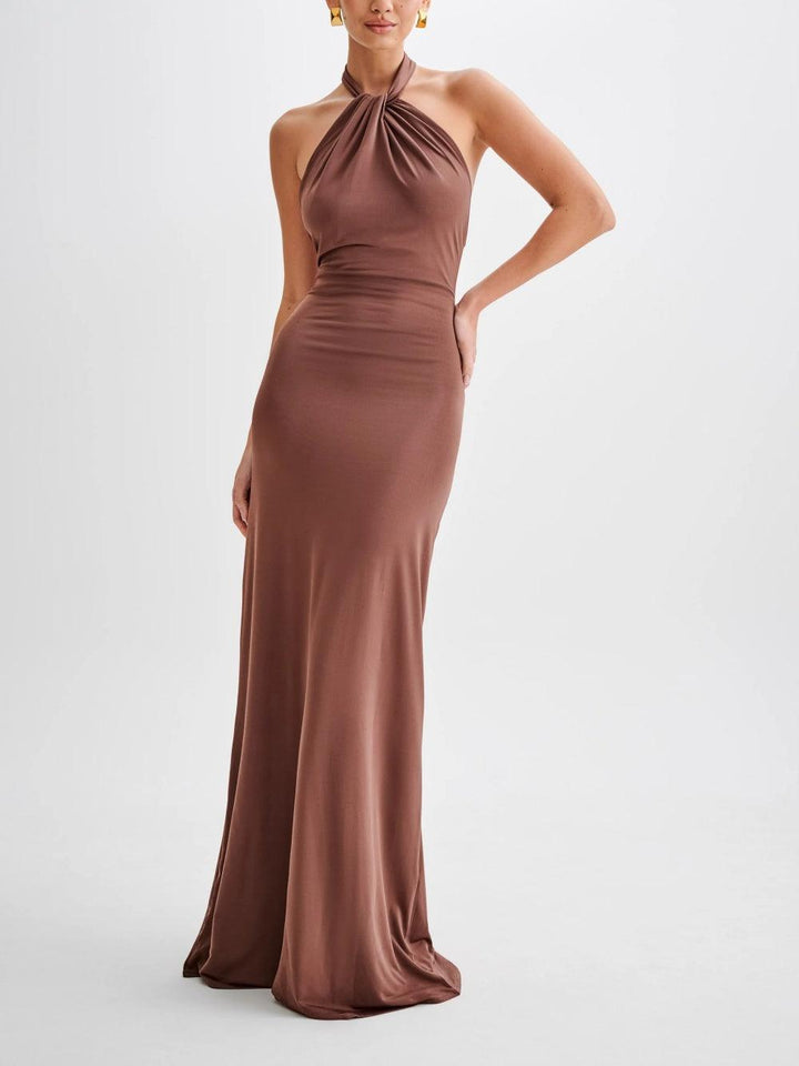 Elegant Halter Maxi Dress for Women with Twist Neck Backless Column Flowing Style