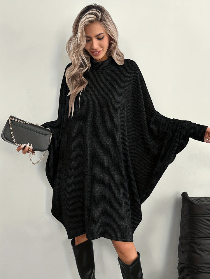 Comfortable Ribbed Knit Sweater Dress for Women with Mock Neck Batwing Sleeve Relaxed Oversized Knit Style