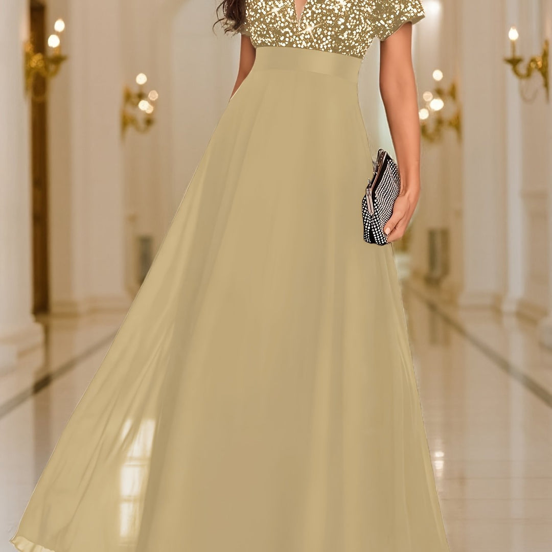 Elegant Sequin Maxi Dress for Women with V Neck Short Sleeve Empire Waist Flowing Formal Wedding Guest Style