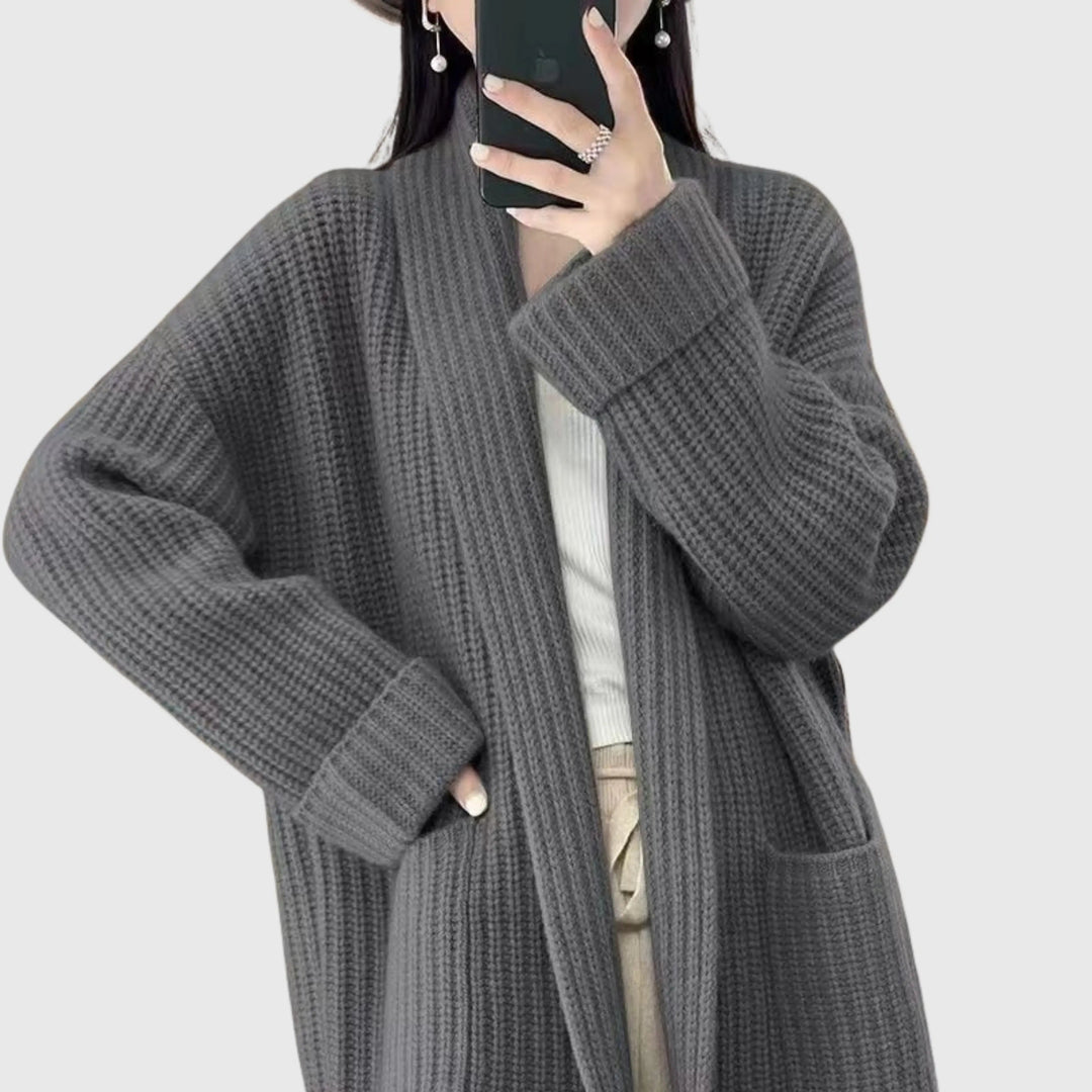 Comfortable Waffle Knit Cardigan for Women with Notched Collar Long Sleeve Oversized Longline Style