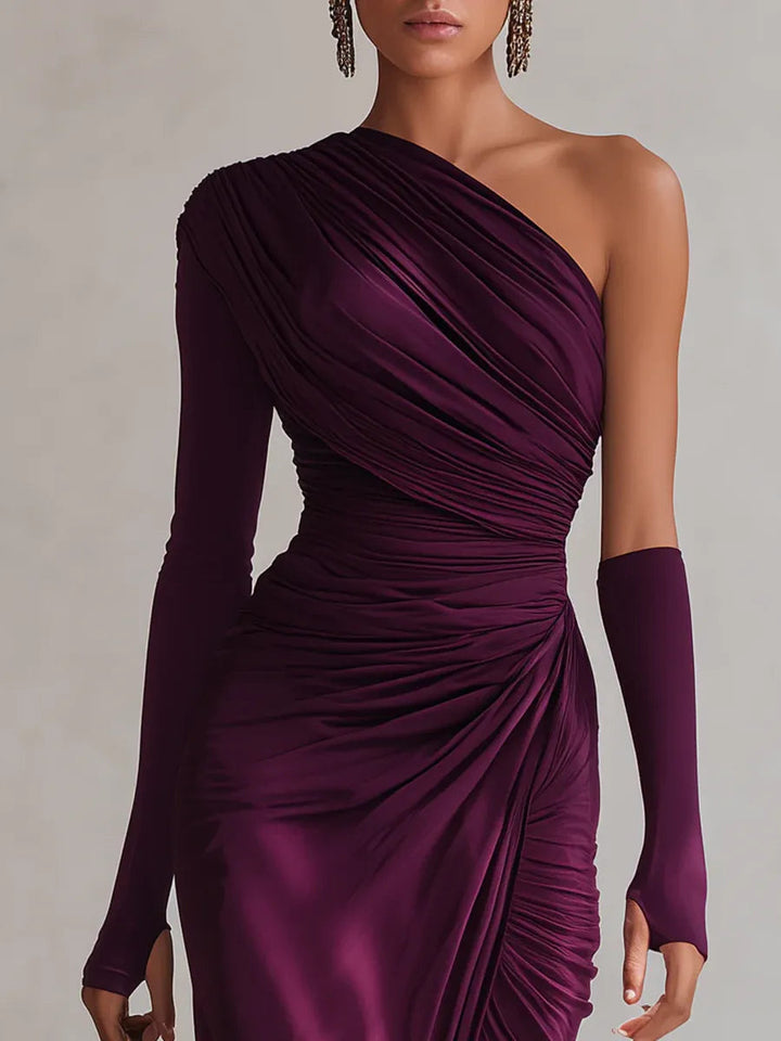 Elegant Purple Maxi Dress for Women with One Shoulder Long Sleeve Ruched High Slit Formal Wedding Guest Style
