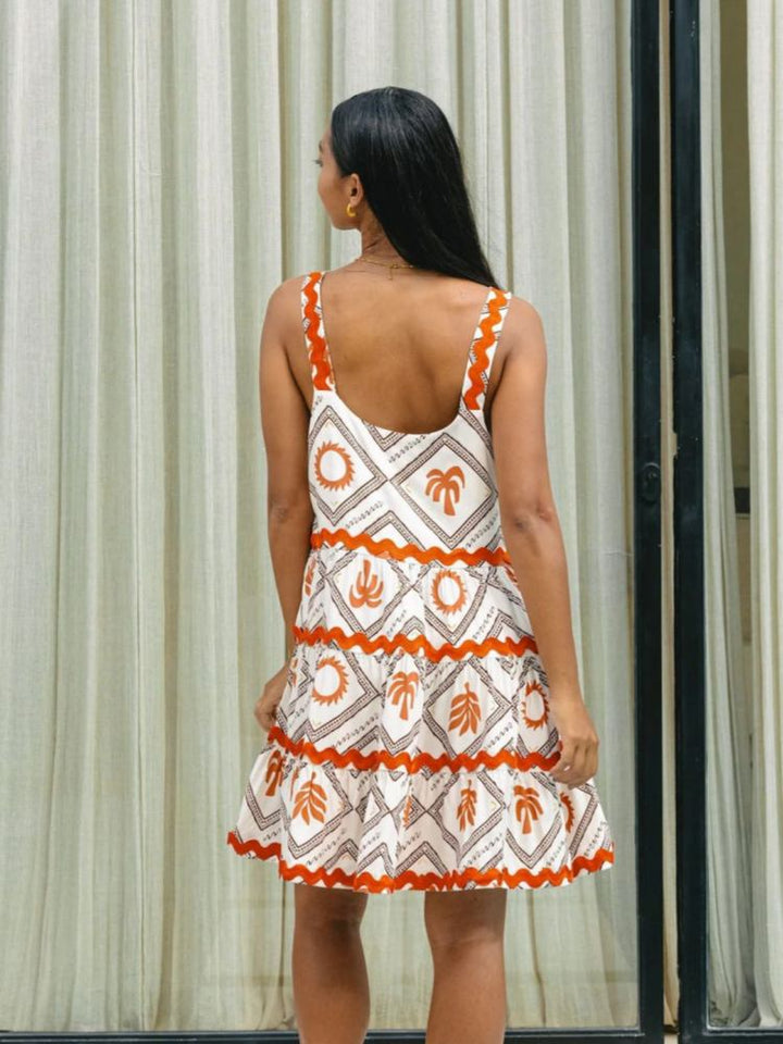 Effortless Ric Rac Trim Tiered Mini Dress for Women with Square Neck Sleeveless Ruffle Hem Bohemian Style