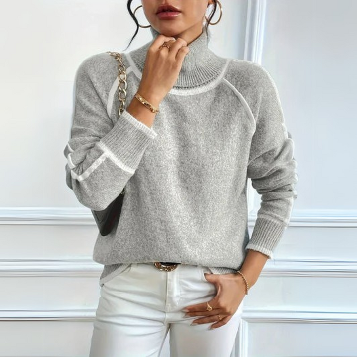 Comfortable Grey Contrast Trim Sweater for Women with High Neck Long Sleeve Relaxed Oversized Knit Style
