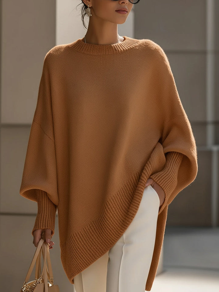 Comfortable Knit Sweater for Women with Crew Neck Batwing Sleeve Asymmetric Hem Oversized Style