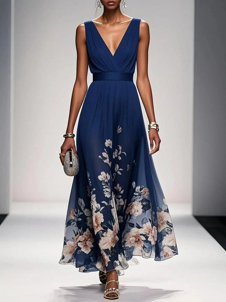 Effortless Floral Maxi Dress for Women with V Neck Sleeveless Flowing Formal Wedding Guest Style
