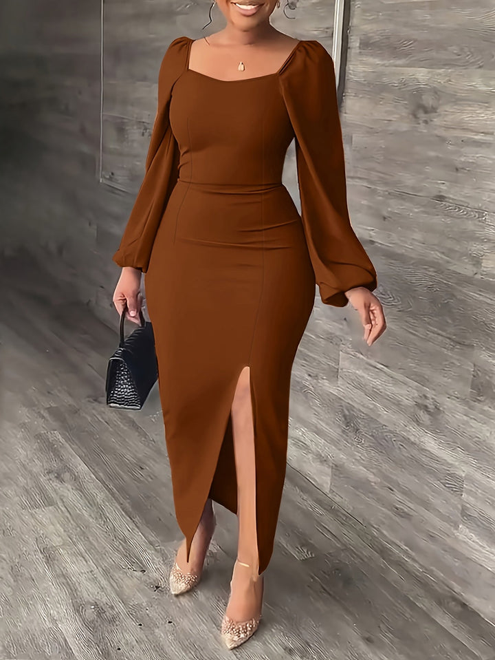 Elegant Bodycon Midi Dress for Women with Square Neck Long Puff Sleeve Side Slit Cocktail Style