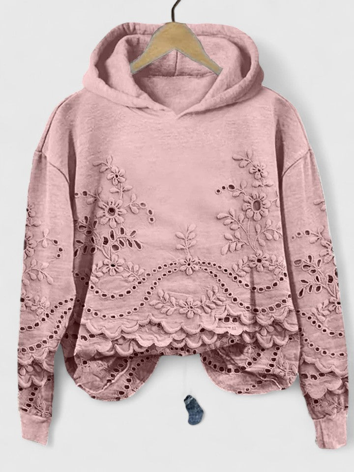 Effortless Eyelet Embroidered Cropped Hoodie for Women with Hood Long Sleeve Scalloped High Low Hem Bohemian Style