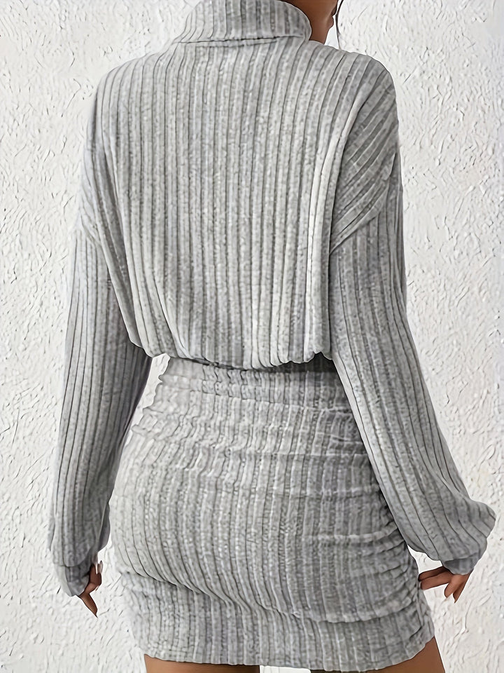 Comfortable Ribbed Mini Dress for Women with Mock Neck Long Sleeve Ruched Bodycon Sweater Style