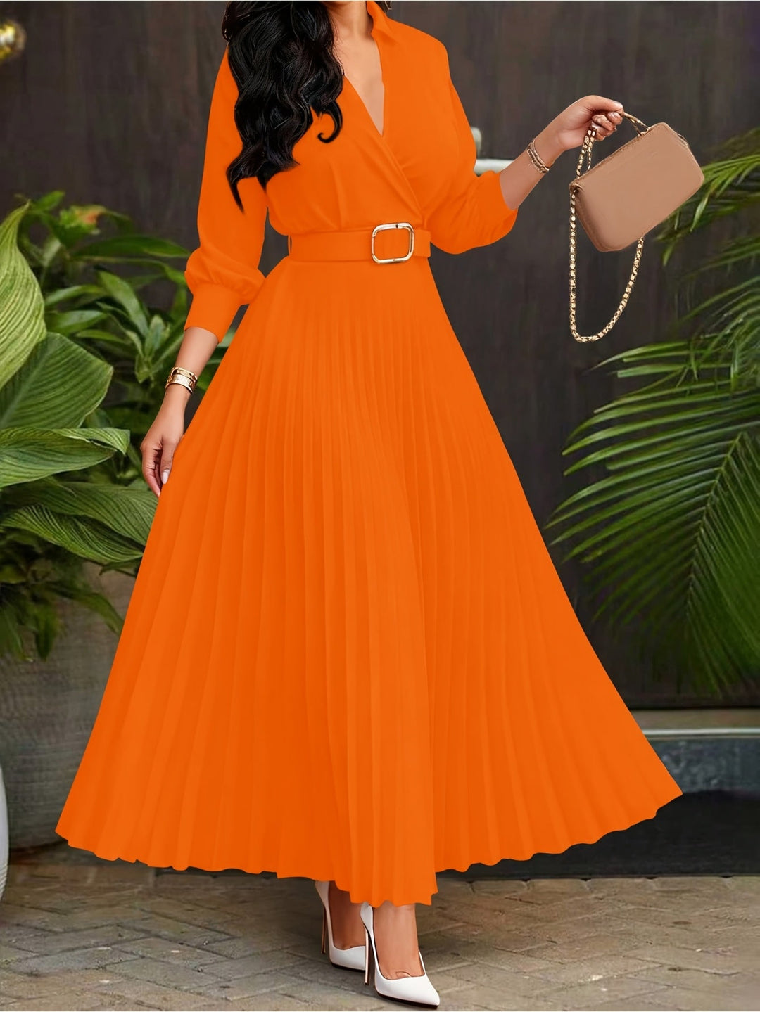 Elegant Pleated Wrap Maxi Dress for Women with Collar V Neck Balloon Sleeve Belted Flowing Style