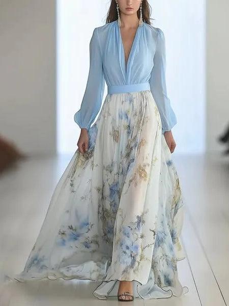Effortless Blue Floral Maxi Dress for Women with V Neck Lantern Sleeve Flowing Bohemian Style