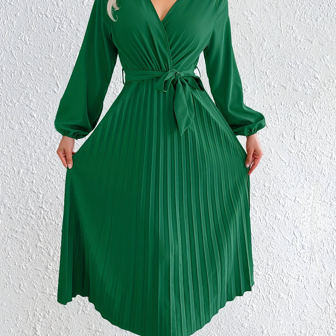 Elegant Pleated Wrap Maxi Dress for Women with V Neck Bishop Sleeve Belted Flowing Style