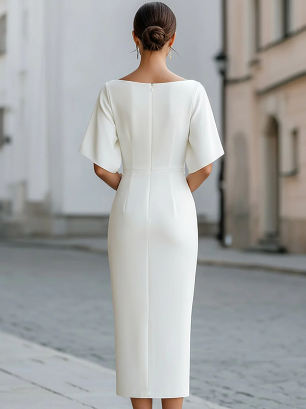 Elegant Sheath Midi Dress for Women with Boat Neck Flutter Sleeve Bodycon Cocktail Style