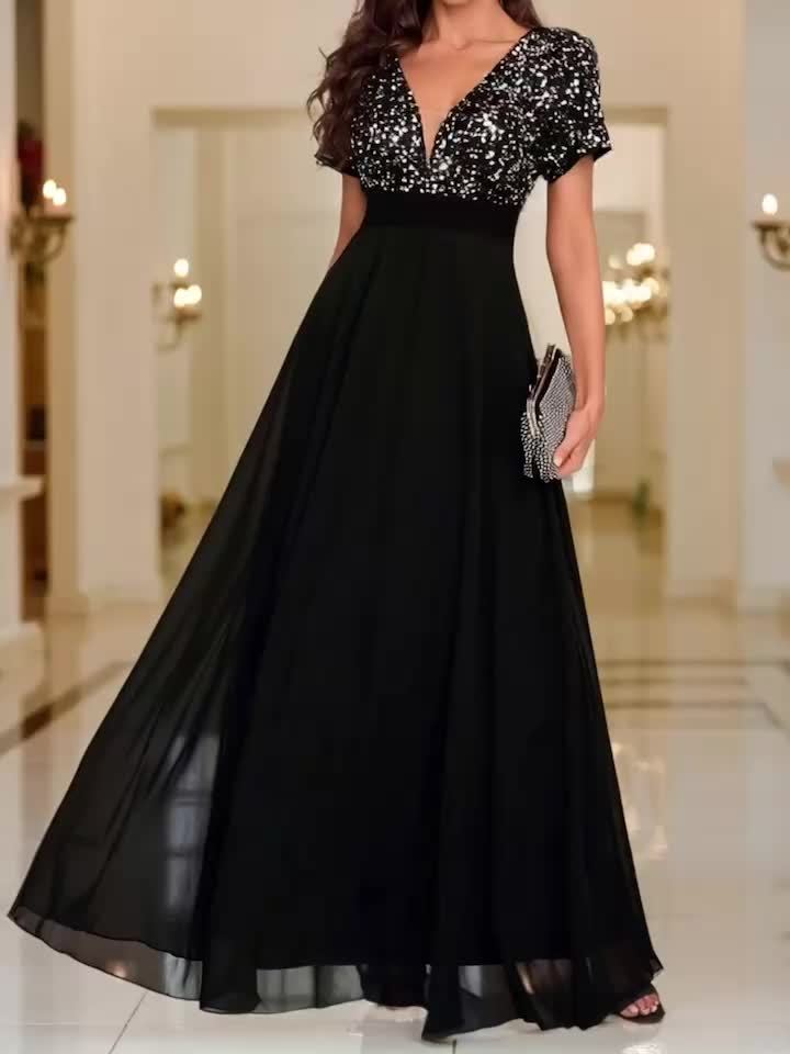Elegant Sequin Maxi Dress for Women with V Neck Short Sleeve Empire Waist Flowing Formal Wedding Guest Style