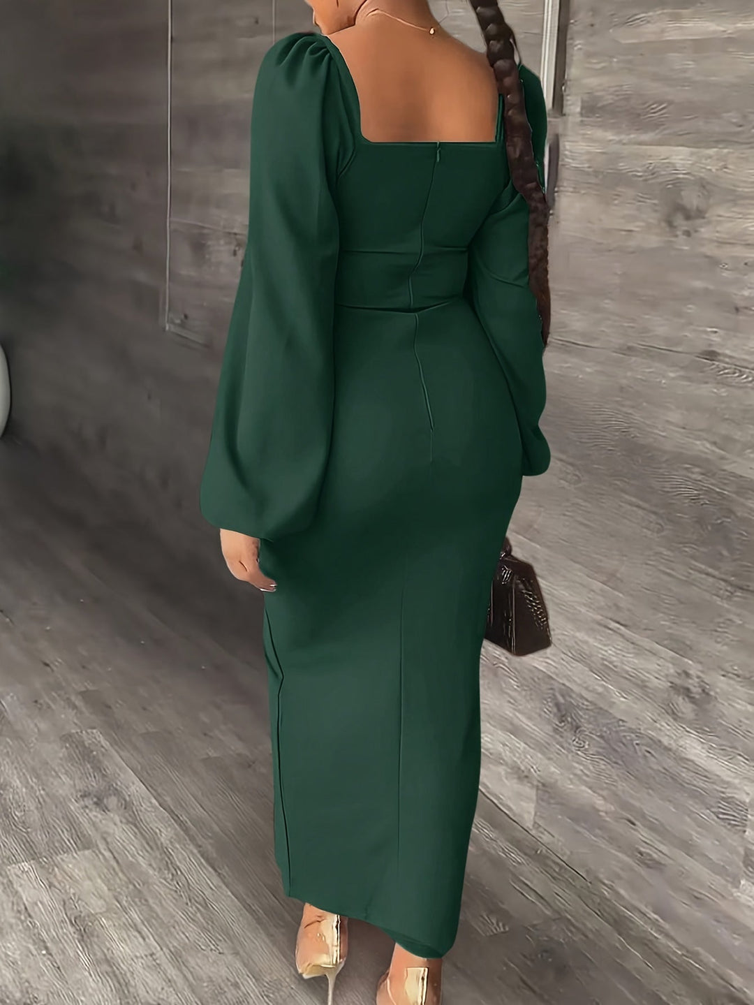 Elegant Bodycon Midi Dress for Women with Square Neck Long Puff Sleeve Side Slit Cocktail Style