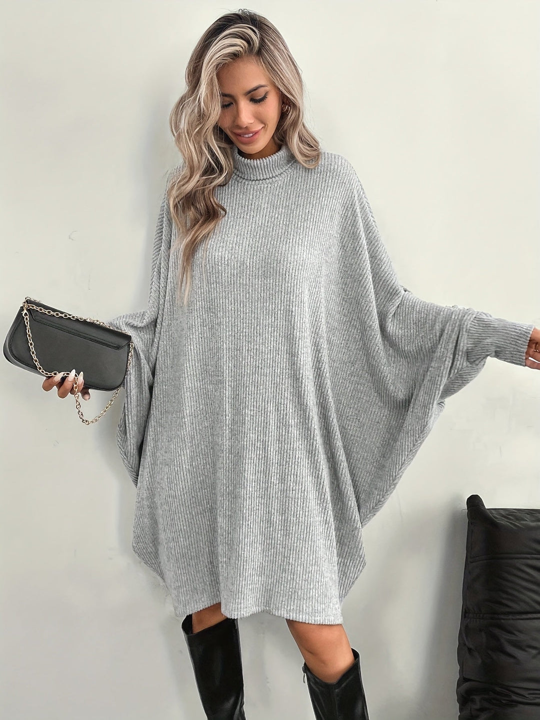 Comfortable Ribbed Knit Sweater Dress for Women with Mock Neck Batwing Sleeve Relaxed Oversized Knit Style