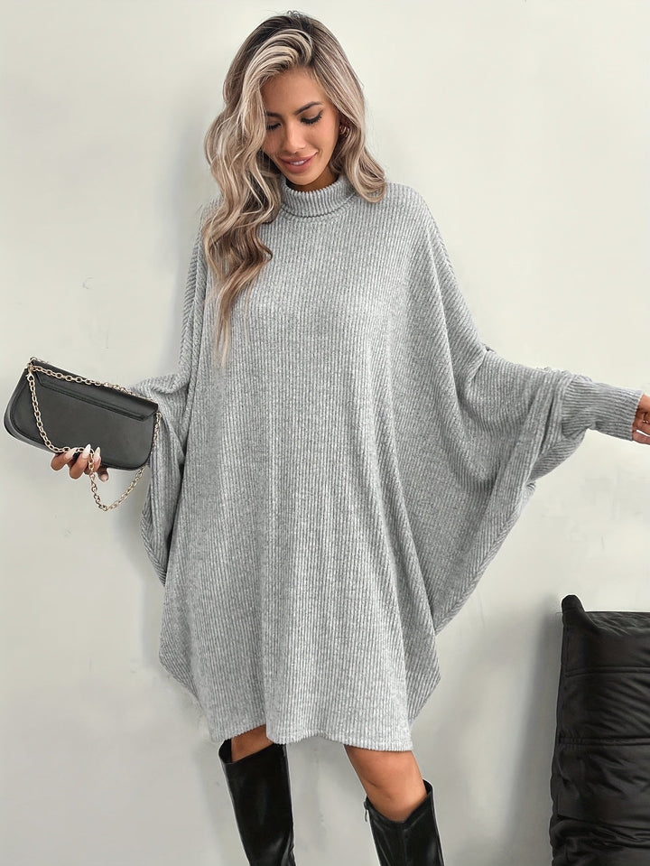 Comfortable Ribbed Knit Sweater Dress for Women with Mock Neck Batwing Sleeve Relaxed Oversized Knit Style