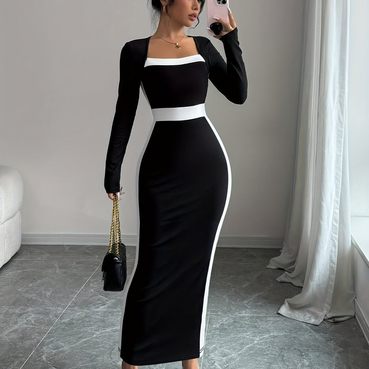 Elegant Black Colorblock Maxi Dress for Women with Square Neck Long Sleeve Bodycon Column Style
