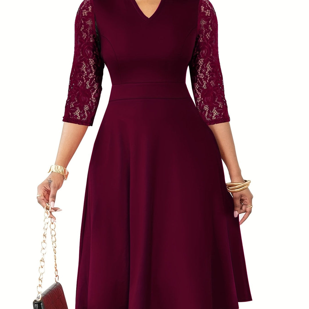 Elegant Lace Midi Dress for Women with Notch Neck Three Quarter Sleeve Fit and Flare Cocktail Style