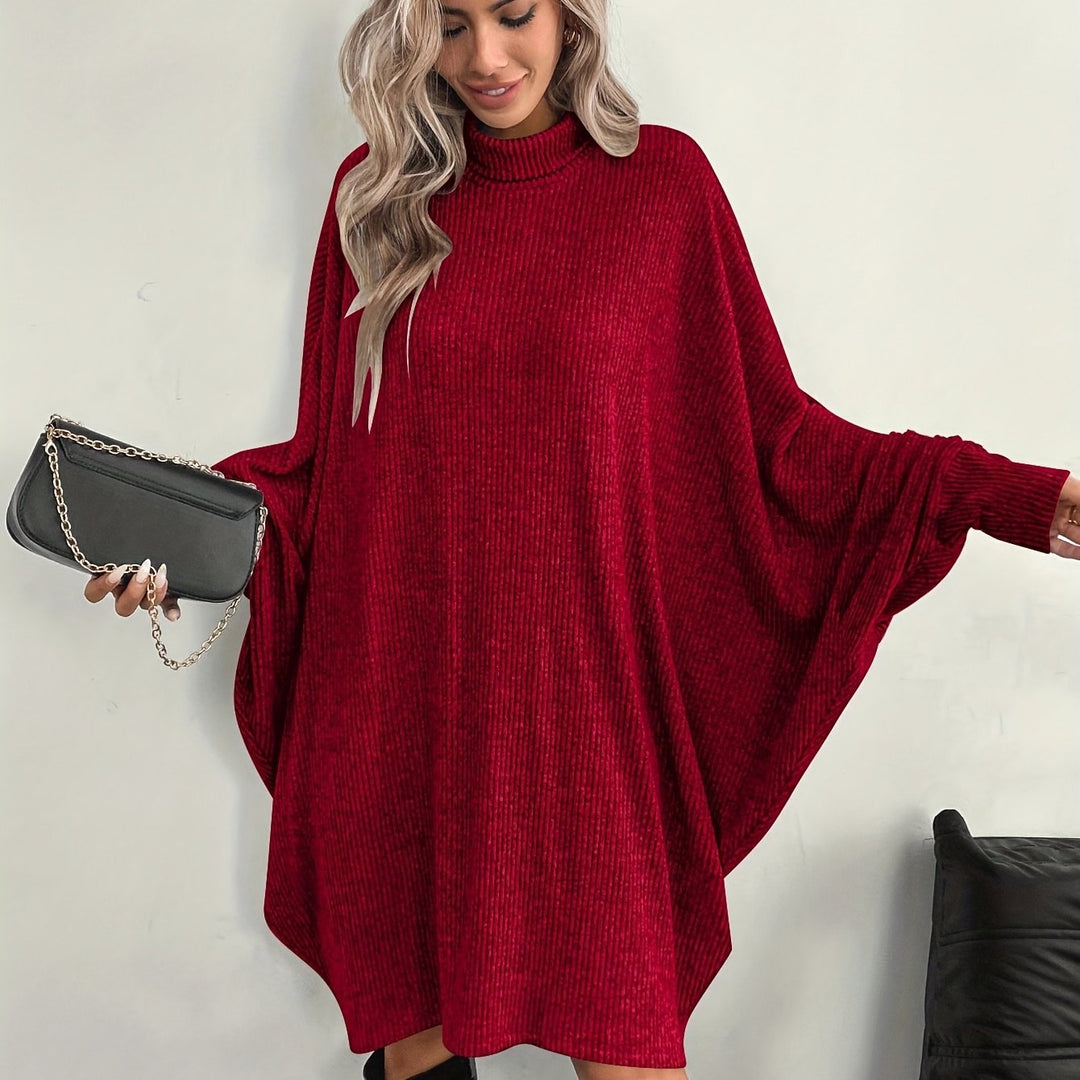 Comfortable Ribbed Knit Sweater Dress for Women with Mock Neck Batwing Sleeve Relaxed Oversized Knit Style