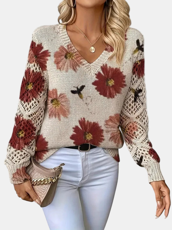 Comfortable Floral Crochet Sweater for Women with V Neck Long Sleeve Oversized Knit Style