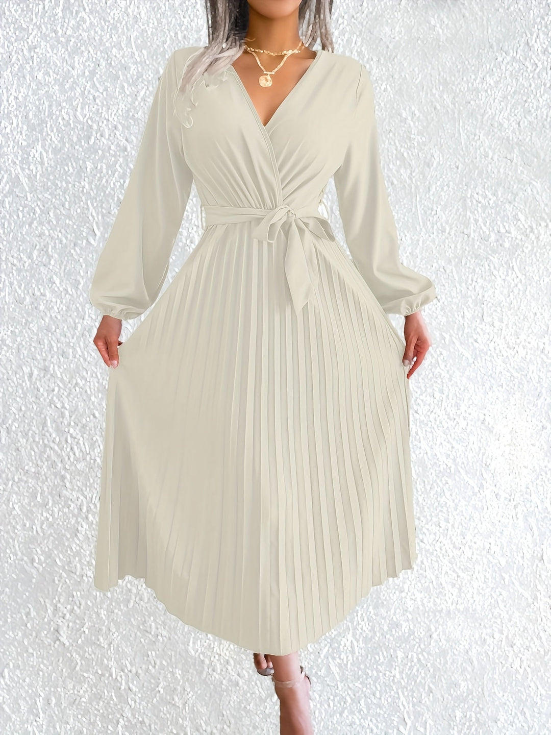 Elegant Pleated Wrap Maxi Dress for Women with V Neck Bishop Sleeve Belted Flowing Style