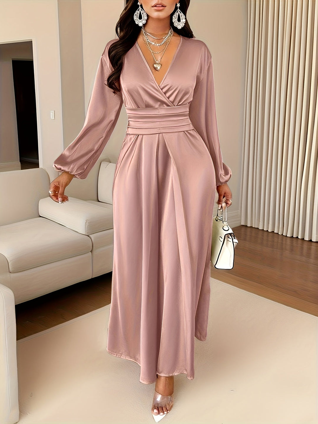 Elegant Satin Wrap Maxi Dress for Women with V Neck Bishop Sleeve Pleated Waist High Slit Flowing Style