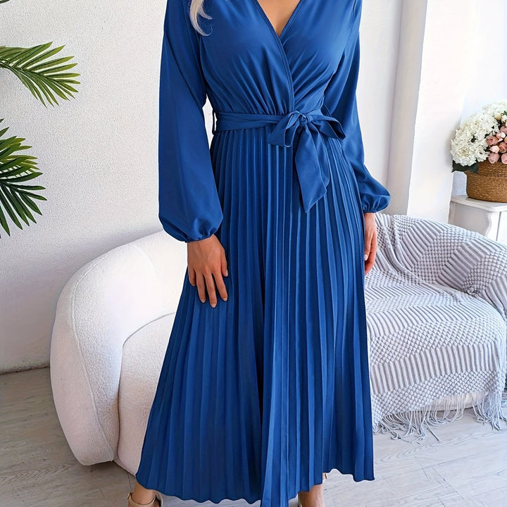 Elegant Pleated Wrap Maxi Dress for Women with V Neck Bishop Sleeve Belted Flowing Style