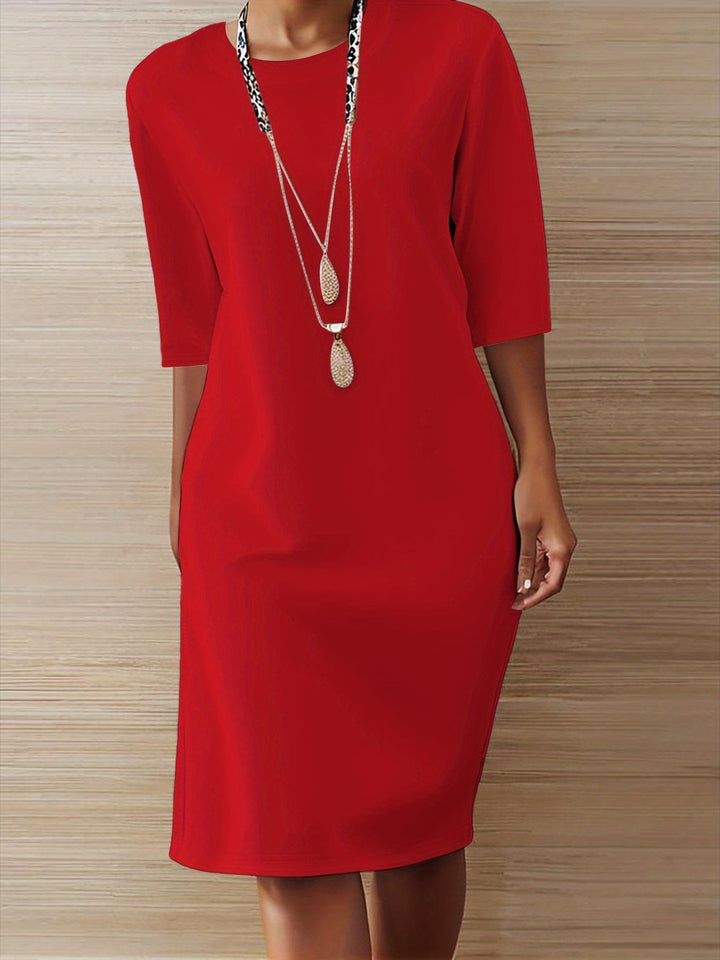 Effortless Midi Dress for Women with Round Neck Half Sleeve Relaxed Shift Style