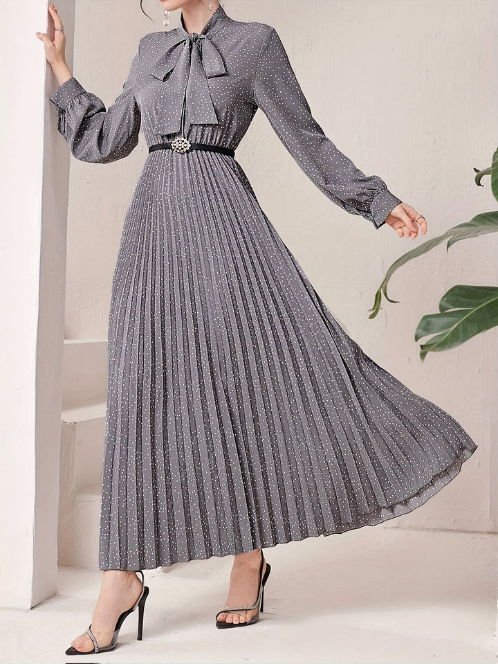 Elegant Polka Dot Maxi Dress for Women with Tie Neck Long Sleeve Pleated Belted Flowing Style